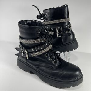 Cato Women's Black Combat Boots Size 7M Rhinestone & Studded Straps Moto Punk